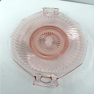 Vintage Pink Depression Glass Handled Serving Plate Vanity Octagonal Starburst